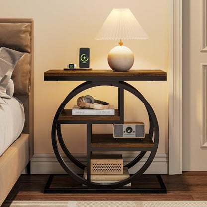 Tribesigns End Table for Living Room, 4-Tier Narrow Side Table with Storage Shelves, Industrial Bedside Table for Bedroom, Wood Small Sofa Side Table with Geometric Metal Frame (1 PC, Rustic Brown) - color: Rustic Brown