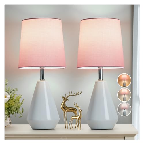 Small Bedside Table Lamp for Bedroom-Reading Desk Lamp Set of 2,with 3 Color Temperatures,15.5" Nightstand Ceramic Lamp with Fabric Shade for Kids Room,Living Room,Dorm,Home Office - color: White+Pink2, size: 15.5"