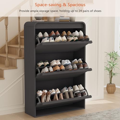 Garvee Shoe Cabinet with 3 Flip Drawers, Modern Narrow Shoe Storage Cabinet Organizer with Adjustable Shelf, 46" Tall Hidden Freestanding Shoe Rack Cabinet for Entryway, Hallway, Rustic Black - color: Rustic Black