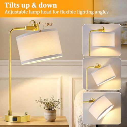 24‘’ Gold Table Lamp Set of 2 with USB A and C Ports, 180° Adjustable Stepless Dimming Bedside Lamps for Night Stands, E26 Bare Bulb Compatible, Industrial Nightstand Lamp, 9W LED Bulb Included - color: Gold-A