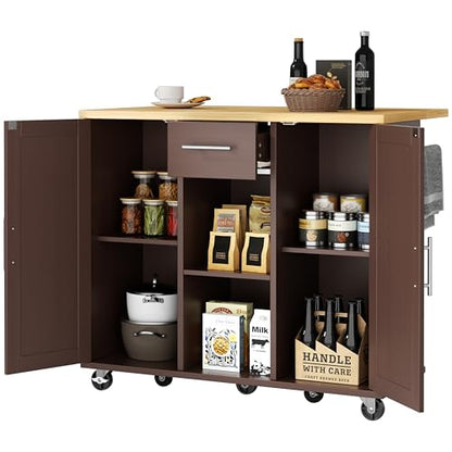 JY QAQA 42" Kitchen Island with Storage on Wheels, Rolling Table with Drop Leaf, Drawers, Cart Handle for Towel Rack or Free Movement, Brown - color: Brown