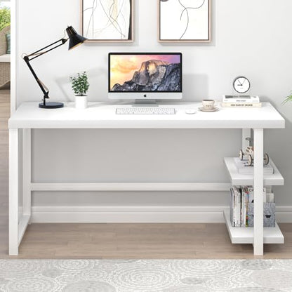 EXCEFUR White Computer Desk, Modern Home Office Desk with Storage Shelf, Wood and Metal Writing Study Table for Living Room Bedroom, 53 Inch - color: White