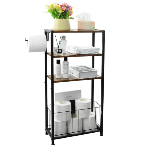 Freestanding Toilet Paper Holder with Storage Wood Shelf Adjustable Feet Bathroom Toilet Paper Stand Holder with Extra Roll Storage Basket Narrow Side Tissue Holder For Bathroom Laundry Room Apartment