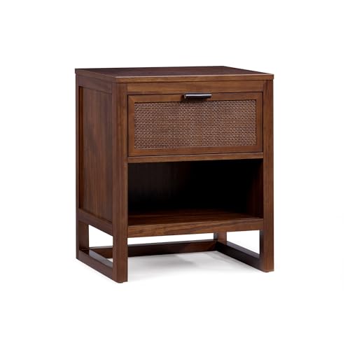 Teamson Home Hatteras 20" W Nightstand with 1 Deep Drawer and Open Shelf Storage in Coastal Modern Style, Ball Bearing Glides, Pine Wood Frames and MDF with Rattan, Walnut Finish | 1 Deep Drawer, Open Shelf Storage, Coastal Modern Style, Ball Bearing Glid