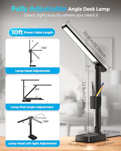 LED Desk Lamp with Power Strip, 3 AC Outlets & 4 USB Ports (2 USB-C), Stepless Dimming & 2800K-6500K Eye-Caring Desk Light, Foldable Table Lamp for Home Office, Dorm Room Essentials(10FT) - color: Black,10FT