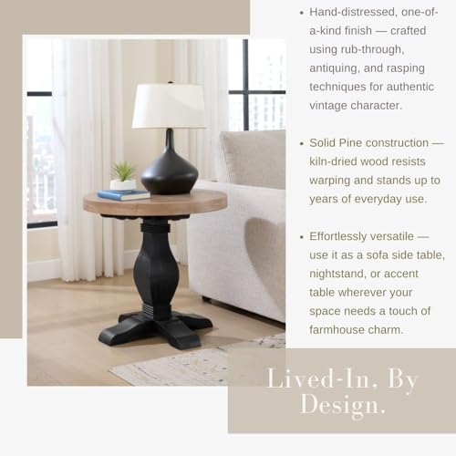 Martin Svensson Home Napa Solid Wood Pedestal End Table, Black & Driftwood | Farmhouse Rustic, Pine Wood, Round Side Table, Nightstand, 2" Plank Top, for Living Room or Bedside, 26" W x 26" D x 25" H - color: Black and Driftwood