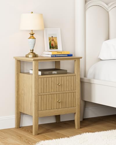 Fluted Nightstand, Farmhouse Night Stand with 2 Drawers, Mid Century Modern Side Accent Table,Bedside End Table for Bedroom, Living Room, Yellow Oak - color: Oak, size: 2 Drawers