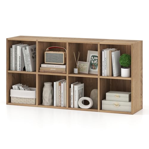 Giantex 8-Cube Bookcase, 3-Tier Cubby Bookshelf, Horizontal Vertical Display Rack with Anti-Tipping Kits, Modern Storage Organizer Shelf Unit for Bedroom, Living Room, Study (Natural, 8-Cube) - color: Natural, size: 8-Cube