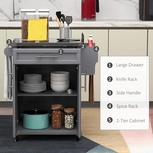 HOMCOM Kitchen Island on Wheels, Rolling Kitchen Cart with Stainless Steel Countertop, Drawer, Towel Rack and Spice Rack, Utility Storage Trolley, Gray - color: Grey