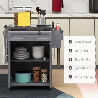 HOMCOM Kitchen Island on Wheels, Rolling Kitchen Cart with Stainless Steel Countertop, Drawer, Towel Rack and Spice Rack, Utility Storage Trolley, Gray - color: Grey