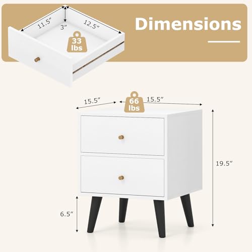 GOFLAME Nightstand with 2 Drawers, Mid-Century Modern Bedside Table with Storage, Elevated Legs & Golden Knobs, Wooden, Small Sofa Side End Table, Compact Night Stand for Bedroom, White (1)