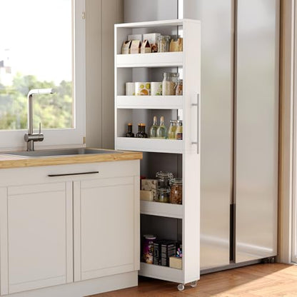 LITTLE TREE 63-Inch Slim Storage Cart on Wheels, 5-Tier Tall Narrow Mobile Shelf Organizer, Rolling Utility Cart with Metal Handle for Kitchen, Dining Room, Small Spaces, White