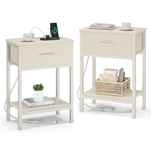 Vagusicc Nightstand Set of 2 with Charging Station, Bed Side Table with Fabric Drawer, Small End Table with 2-Tier Storage Shelves, 25.4" Tall Night Stand Bedside Table for Bedroom Living Room, Beige - color: Beige (2 Pack)