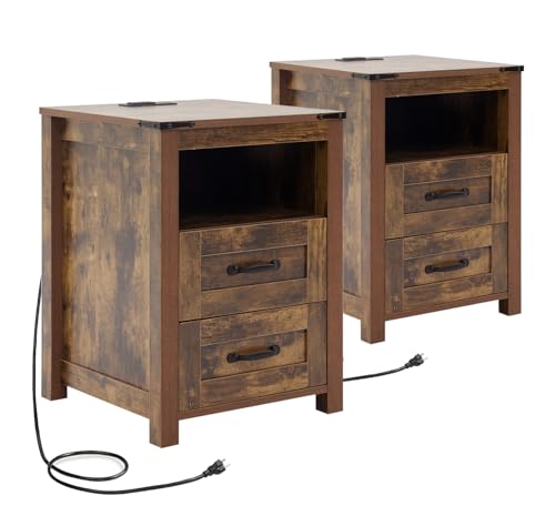 Farmhouse Night Stand Set of 2, Rustic Brown Nightstand for Bedroom, End Tables with Charging Station, Bedside Table with Drawers, Wood Bedside Cabinet Dresser - color: Brown, size: 2pcs with Charging