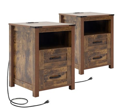 Farmhouse Night Stand Set of 2, Rustic Brown Nightstand for Bedroom, End Tables with Charging Station, Bedside Table with Drawers, Wood Bedside Cabinet Dresser - color: Brown, size: 2pcs with Charging