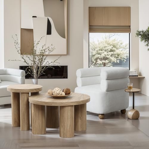 LuxenHome Round Coffee Table with 4 Pillar Legs, 27.5'' Wide Accent Center Table, Modern Farmhouse Oak Finish Wooden Low Cocktail Tea End Table with Sturdy Base for Living Room Home Office - color: Dark Oak-l