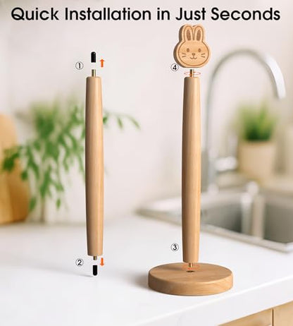 KitchLife Cute Wooden Paper Towel Holder Countertop - Solid Freestanding Paper Towel Dispenser Stand Organizer with Anti-Skid Base (Rabbit) - style: Rabbit