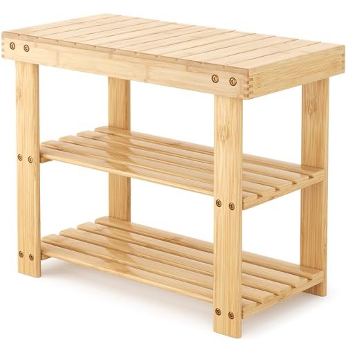 Sweetcrispy 3-Tier Shoe Rack Bench for Entryway, 19 Inches, Wood | Bamboo Shoe Storage Bench, Shoes Rack for Entrance, Bedroom, Living Room, Balcony, 4 Pairs - color: Wood, size: 19 inches Width