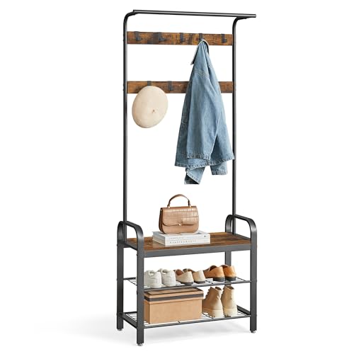 VASAGLE Coat Rack, Hall Tree with Shoe Bench for Entryway, Entryway Bench with Coat Rack, 4-in-1, with 9 Removable Hooks, a Hanging Rod, 13.3 x 28.3 x 72.1 Inches, Rustic Brown and Black UHSR40B - color: Rustic Brown + Black, size: 28.3"W