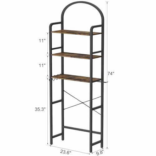 74" H Over the Toilet Storage Rack, 3-Tier Bathroom Organizer with Toilet Paper Holder & Hooks, Metal Frame with Wooden Shelves, Space Saver for Small Bathroom, Rustic Brown and Black - size: 3-tier