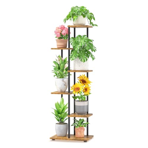 LASZOLA Plant Stand Shelf Tall for Indoor Corner, 5 Tier Wood Brown | Heavy Duty Multi Level Vertical Flower Rack for Narrow Inside Floor, Sturdy Metal Planter Holder for Home Garden Living Room - color: Black - Brown, size: 5 Tier