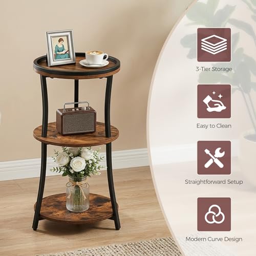 MAHANCRIS Small Round Side Table, 3-Tier Nightstand for Small Spaces | End Table with Raised Edge, Storage Shelf, Sofa Table for Corner, Living Room, Bedroom, Easy Assembly, Rustic Brown