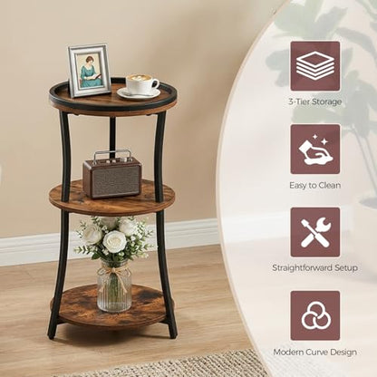 MAHANCRIS Small Round Side Table, 3-Tier Nightstand for Small Spaces | End Table with Raised Edge, Storage Shelf, Sofa Table for Corner, Living Room, Bedroom, Easy Assembly, Rustic Brown