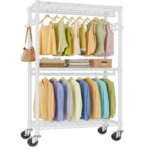VIPEK R2 Heavy Duty Rolling Garment Rack 3 Tiers Adjustable Clothes Racks with Double Rods & Hooks, Freestanding Wardrobe Closet Storage Rack Metal Clothing Racks for Hanging Clothes, White - color: White, size: R2