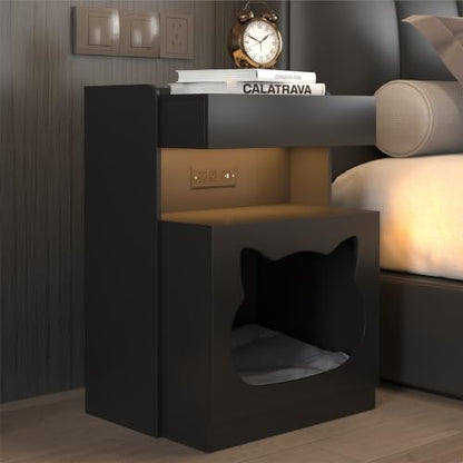 Mojztezy Black Bedside Table with Cat Design, Built-in Charging Station & Soft LED Light, Minimalist Pet-Friendly Storage Nightstand, Stylish Accent Furniture for Bedroom, Office and Living Room