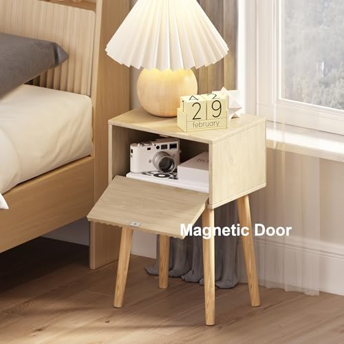 LAATOOREE Nightstands Set of 2, Small Side Table, Bedside Table with Fluted Door, Solid Wood Feet; Modern Mid-Century End Table for Bedroom, Small Space (Natural) - color: Natural, style: Fluted Style