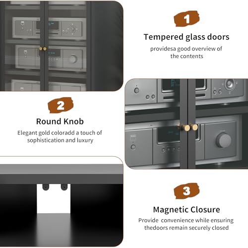 Heavy Duty 4-Tier Media Cabinet, Audio-Video Media Stand with Tempered Glass Doors, Metal Stereo Cabinets with 3 Adjustable Shelves, Storage Cabinet for Entertainment Stereo Component