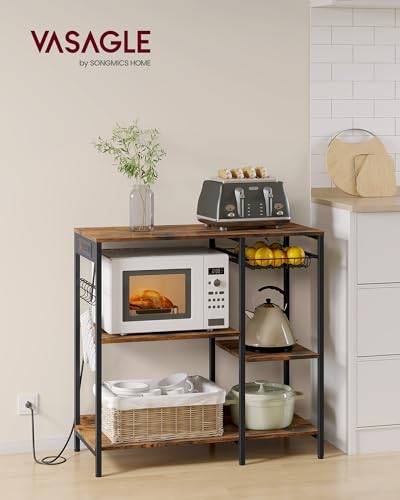 VASAGLE Baker's Rack, Coffee Bar Stand with Charging Station, 35.6 Inches Tall, Storage Shelves, Pull-Out Wire Basket, Table for Microwave, Kitchen, Rustic Brown and Ink Black UKKS036K01 - color: Rustic Brown + Ink Black, style: With Power Outlet