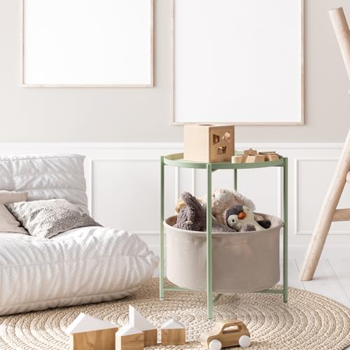 danpinera Round Side Table with Fabric Storage Basket, Small Coffee Table | Metal End Stand with Removable Serving Tray, Modern Nightstand for Small Space, Living Room, Bedroom, Nursery, Light Green - color: Light Green