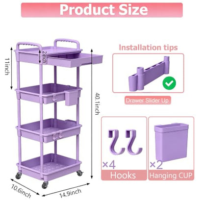 REBECAT 4 Tier Rolling Cart with Drawer, Utility Storage Cart on Wheels for Kitchen, Bathroom, Living Room,Office(Purple) - color: Purple