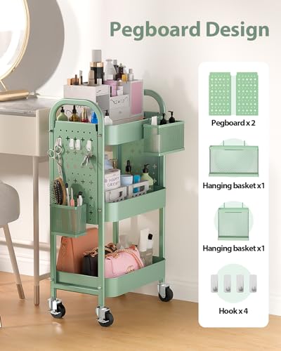 ALVOROG 3 Tier Rolling Cart with DIY Pegboards Metal Utility Cart with Wheels Handles Baskets Hooks, Storage Cart for Office Kitchen Bathroom(Green) - color: Green