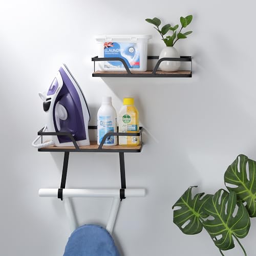 Ironing Board Holder Wall Mounted, 2-Layer Sturdy Iron and Ironing Board Hanger with Wood Shelf, Space Saving Laundry Room Organization for Iron, Board & Accessories - color: Matte Black-2 Layer