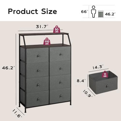 WLIVE Bouclé Fabric Dresser for Bedroom, 8 Drawer Storage Tower, Grey | Premium Bouclé Fabric Tall Dresser, Storage Tower with Open Shelf,Easy Assembly Dresser - color: Grey, style: Raised Shelves