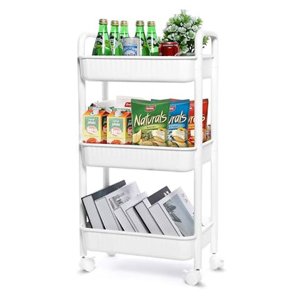 YSSOA Rolling Storage Cart, 3 Tier Slim Mobile Shelving Unit 360° Rotating Wheel Lockable Utility Cart, Ideal for Office, Kitchen, Bathroom, Laundry and Narrow Spaces, White - size: 3-Tier 11"Dx16"Wx30"H