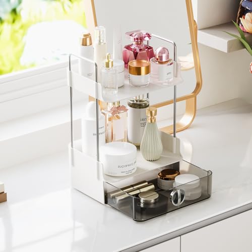 Small Vanity Organizer for Dresser & Countertop - Dorm & Home Office Makeup Storage (7.8"x5.9") with Metal Support, 2-Tier Design with Drawer for Skincare, Perfume, College & Apartment