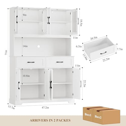 BOTLOG 71" Large Pantry Storage Cabinet with Microwave Stand | Tall Hutch Cabinet with Glass Doors 8 Storage Compartments for Dining Room, Modern White