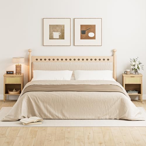 Rattan Nightstand with Drawer and Open Shelf, Boho Side Table with Gold Handle, Small Night Stand, Modern Bedside Table for Bedroom, Natural - color: Natural