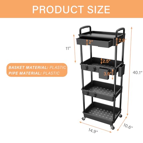 4 Tier Rolling Utility Cart with Drawer,REBECAT Utility Cart Made of Multifunctional Storage Organizer Tool for Kitchen,Bathroom,Living Room,Office(Black) - color: Black