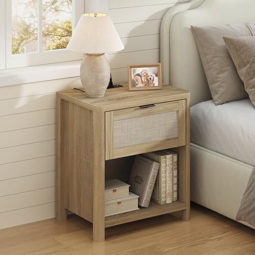 Boho Nightstand with Charging Station, Large Bedside Table with Drawer & Open Storage Shelf, Mid-Century Modern End Table Rattan-Look Drawer, Accent Side Table with Rounded Corners for Bedroom - size: 23.6"D x 22"W x 15.74"H(1-Drawer)