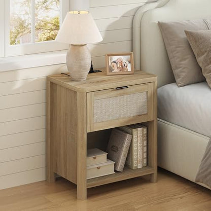 Boho Nightstand with Charging Station, Large Bedside Table with Drawer & Open Storage Shelf, Mid-Century Modern End Table Rattan-Look Drawer, Accent Side Table with Rounded Corners for Bedroom - size: 23.6"D x 22"W x 15.74"H(1-Drawer)