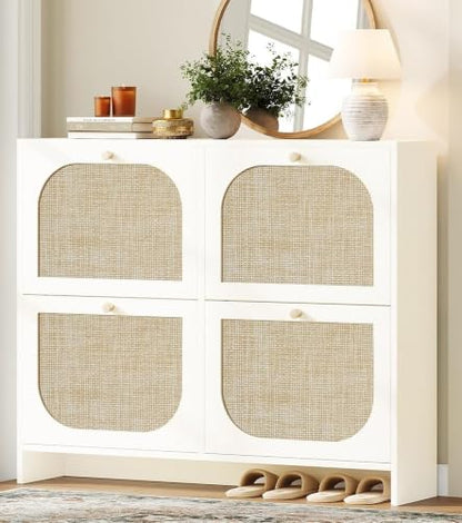 Freestanding Ultra Slim Arched Rattan Accent Shoe Storage Cabinet for Entryway - 4 Flip Drawers & 3-Tier Adjustable Shelves, Farmhouse Modern Rustic Shoe Rack for Hallway Foyer,Cloud White - color: Cloud White