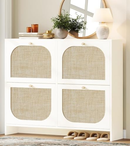 Freestanding Ultra Slim Arched Rattan Accent Shoe Storage Cabinet for Entryway - 4 Flip Drawers & 3-Tier Adjustable Shelves, Farmhouse Modern Rustic Shoe Rack for Hallway Foyer,Cloud White - color: Cloud White