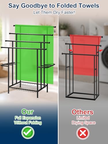Haturi 4-Tier Free Standing Towel Rack for Bathroom, 45.3" H Black Metal Towel Drying Rack, 18.1" W with Storage Basket, Outdoor Pool Towel Holder for Oversized Towels & Blankets - size: 4 Tier