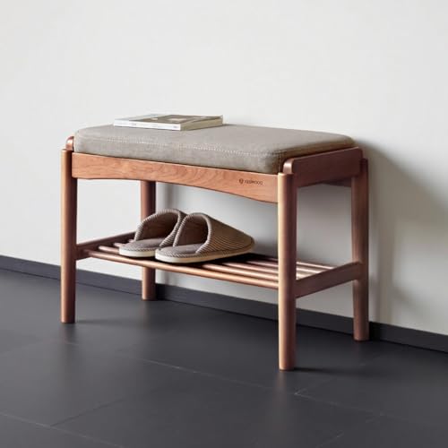 Solid Wood Shoe Bench, 24 Inch Entryway Bench with Gray Cushion | Rich walnut finish with soft gray cushion creates a warm modern seating piece for entryways and living spaces. - color: Walnut + Gray Cushion, size: 23.62"