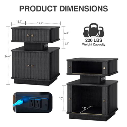 Black Nightstand with Charging Station and LED Light, Fluted Bedside Table with 1 Drawer and Storage Cabinet, Modern Ribbed End Table with USB Ports & Outlets for Bedroom, Living Room - color: Black