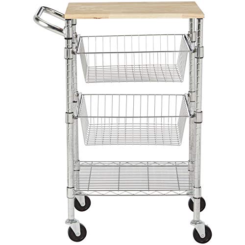 Amazon Basics 3-Tier Metal Basket Rolling Utility Cart with Wood Top, Kitchen Storage Organizer, Portable, Silver